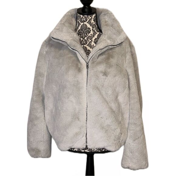 Magaschoni Boutique Fluffy Soft Faux‎ Fur Gray Zip Front Jacket - Size L - Picture 1 of 3